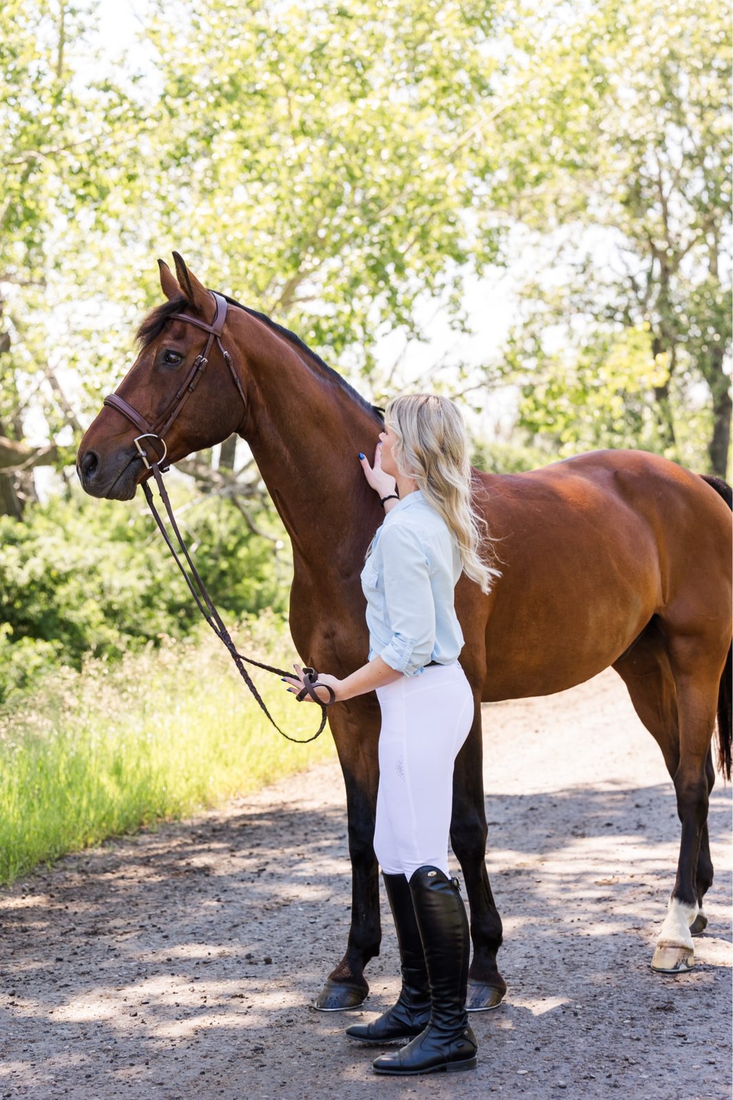 Handler walking a sport horse down a tree-lined path